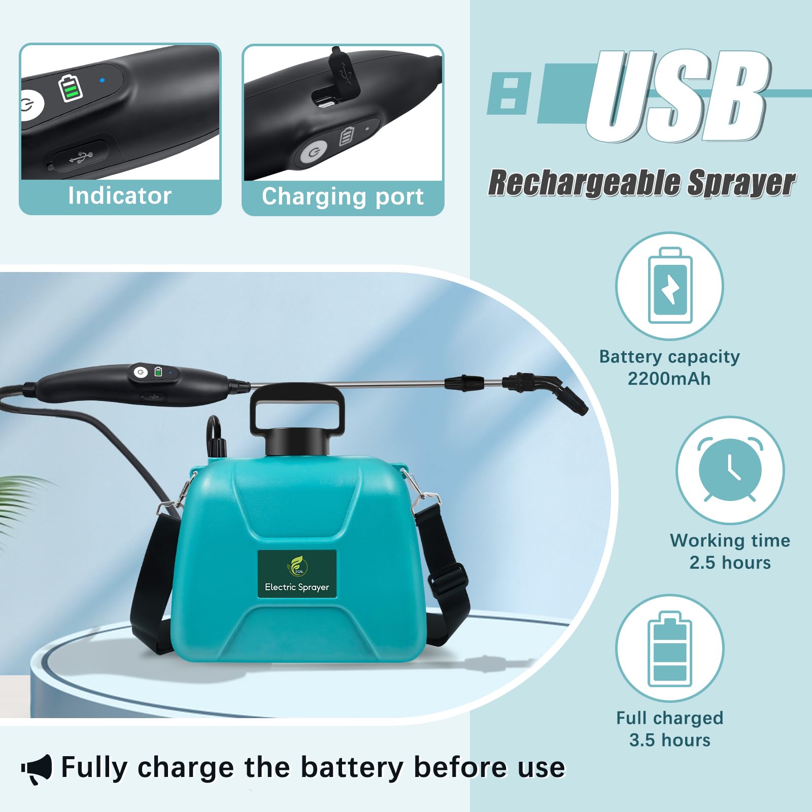 Battery Powered 2 Gallon Garden Sprayer With USB Rechargeable Handle
