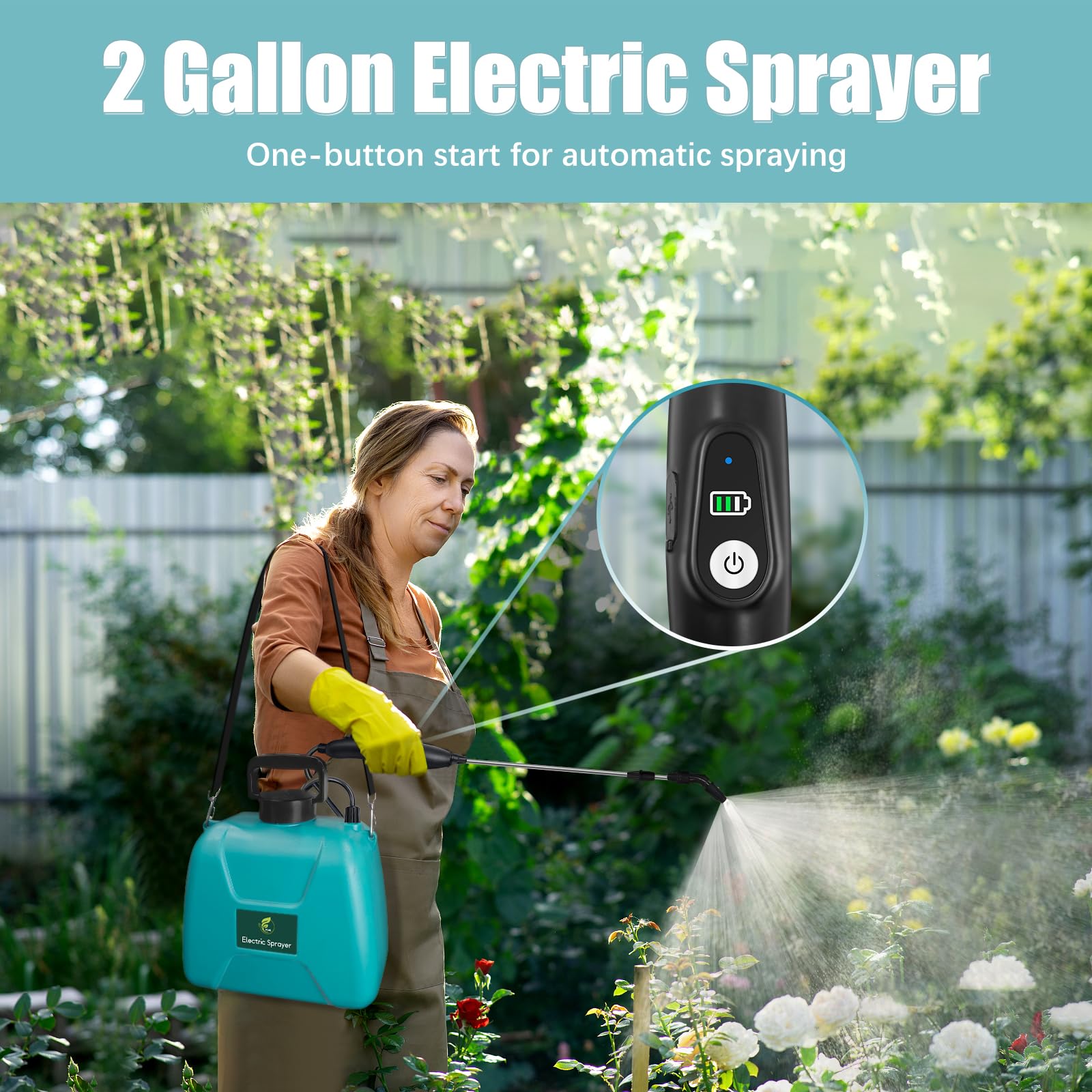 Battery Powered 2 Gallon Garden Sprayer With USB Rechargeable Handle