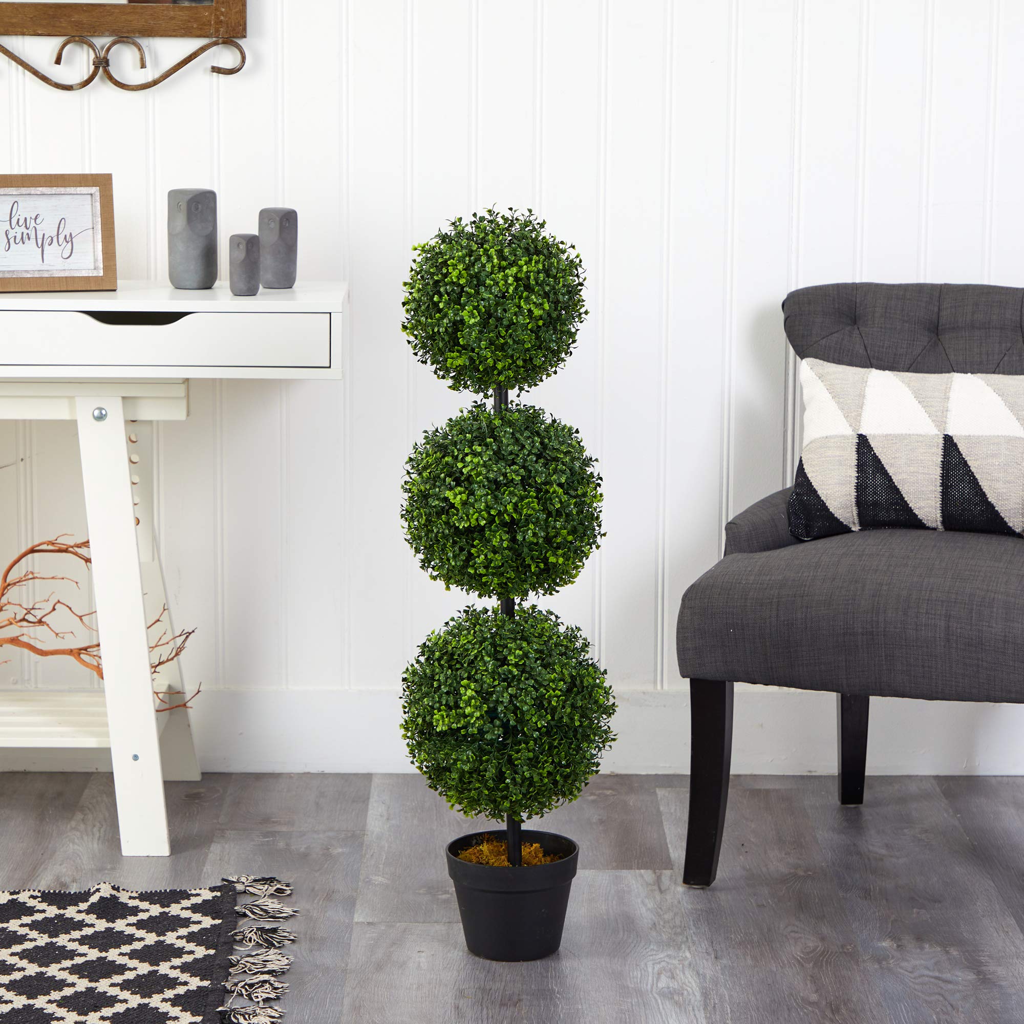 Nearly Natural 36in Artificial Triple Ball Boxwood Topiary Tree Decor